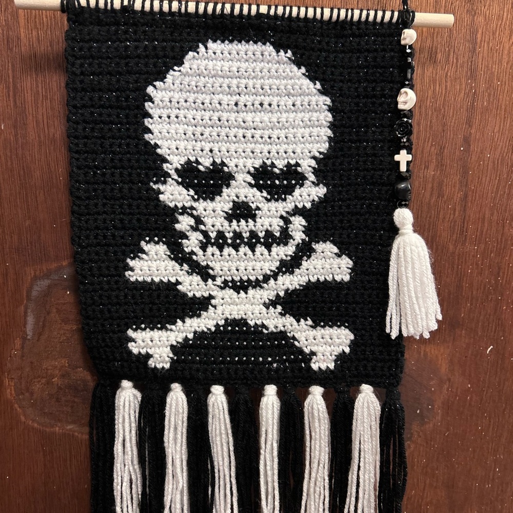 Black and White Skull Crochet Wall Tapestry